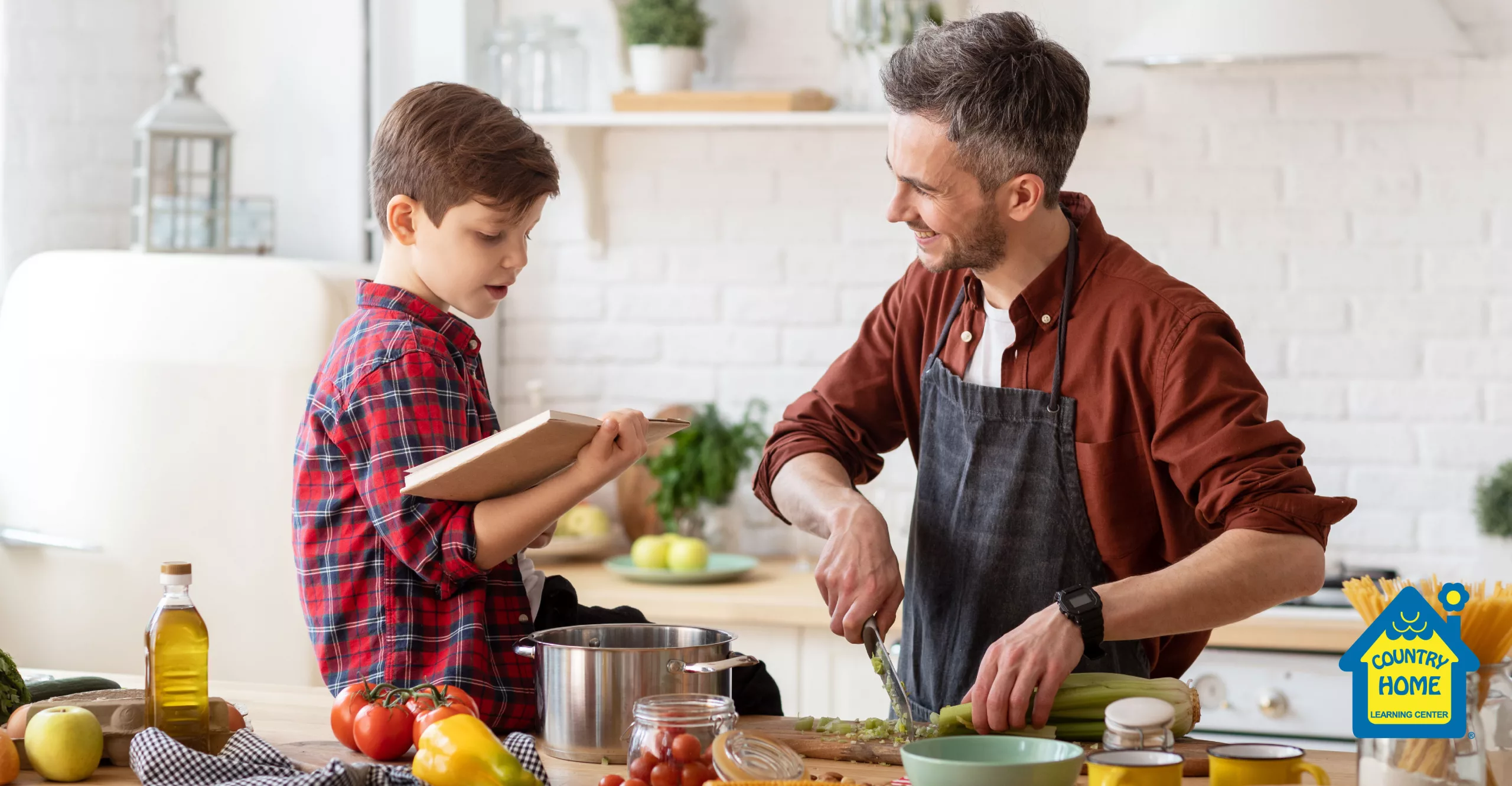 Adult and child cooking in a kitchen