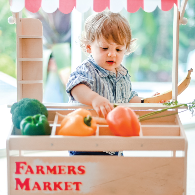 pretendplay1 A child plays with a make believe market and produce toys