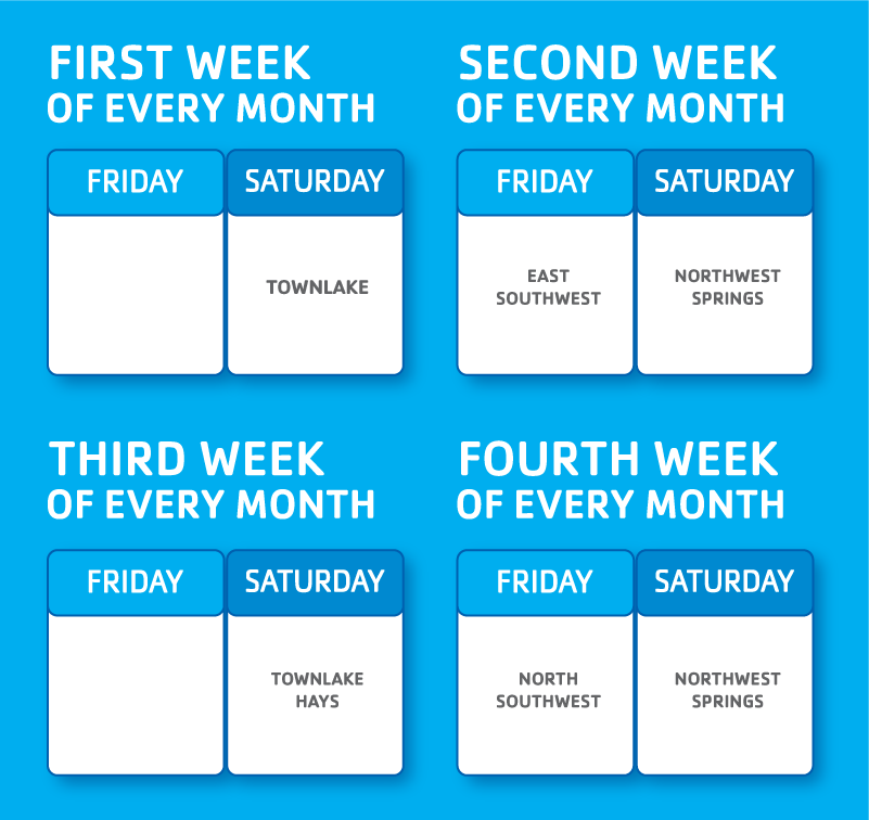 KNO-schedule Kids' Night Outs (Occurring Monthly): 1st Week - Saturday: Townlake 2nd Week - Friday: East & Southwest Saturday: Northwest & Springs 3rd Week - Saturday: Townlake & Hays 4th Week - Friday: North & Southwest Saturday: Northwest & Springs