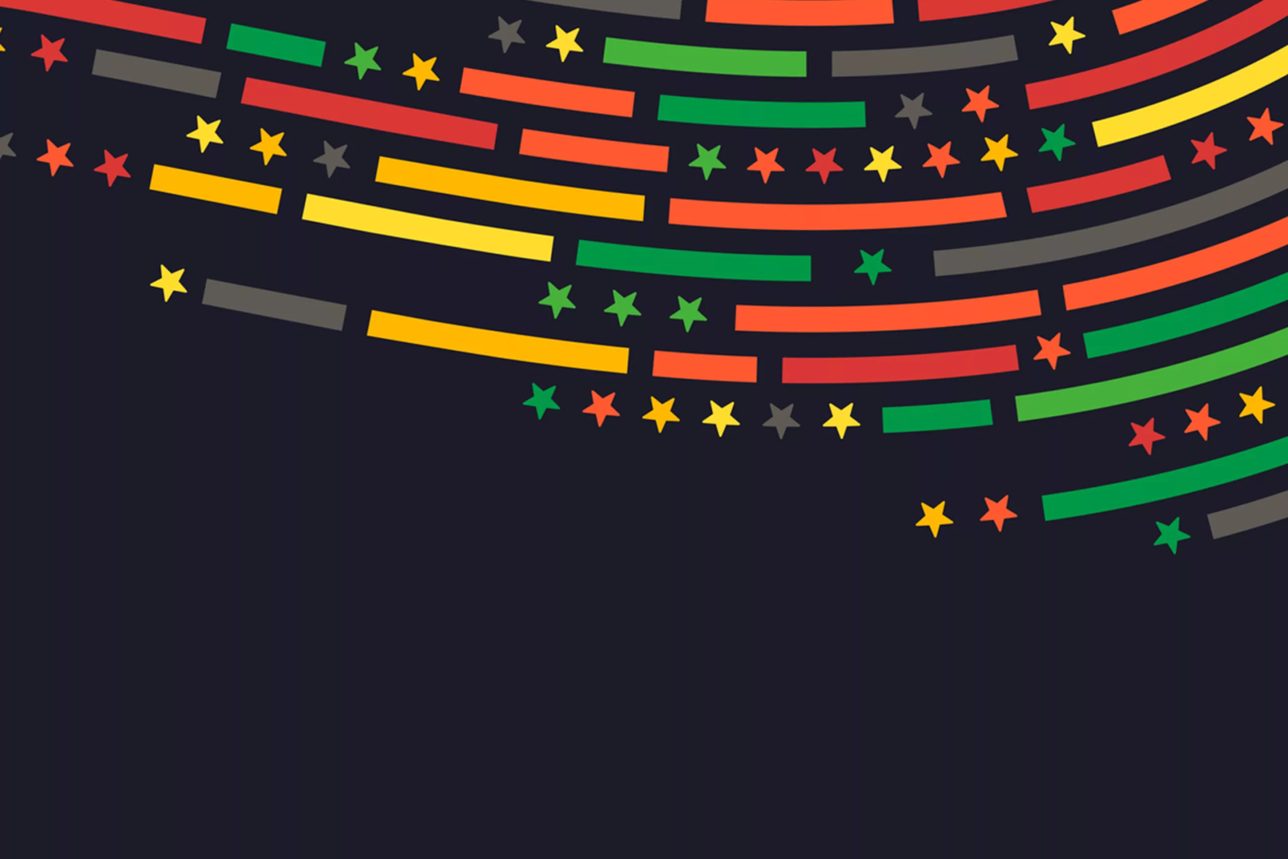 A banner of green, orange, red, and yellow stars and colorblocks stand out against a black background