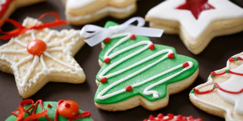 A plate of beautifully decorated Christmas cookies