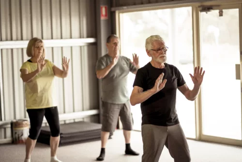 Group of seniors in Tai Chi class exercising in an active retirement lifestyle. Mental and physical health benefits of exercise and fitness in elderly people. Senior health care and wellbeing concept.