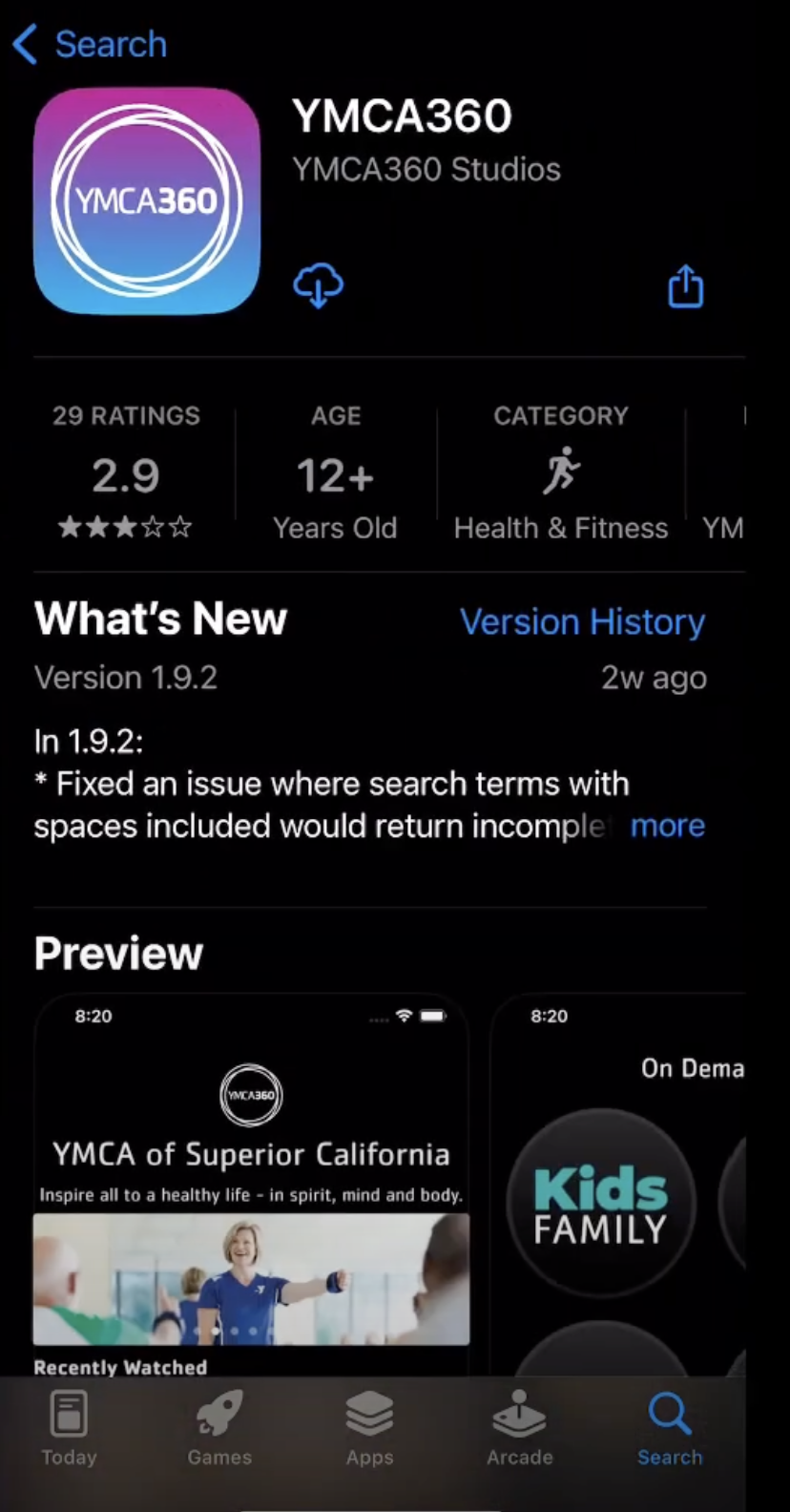 A screen capture of YMCA360 in the App store